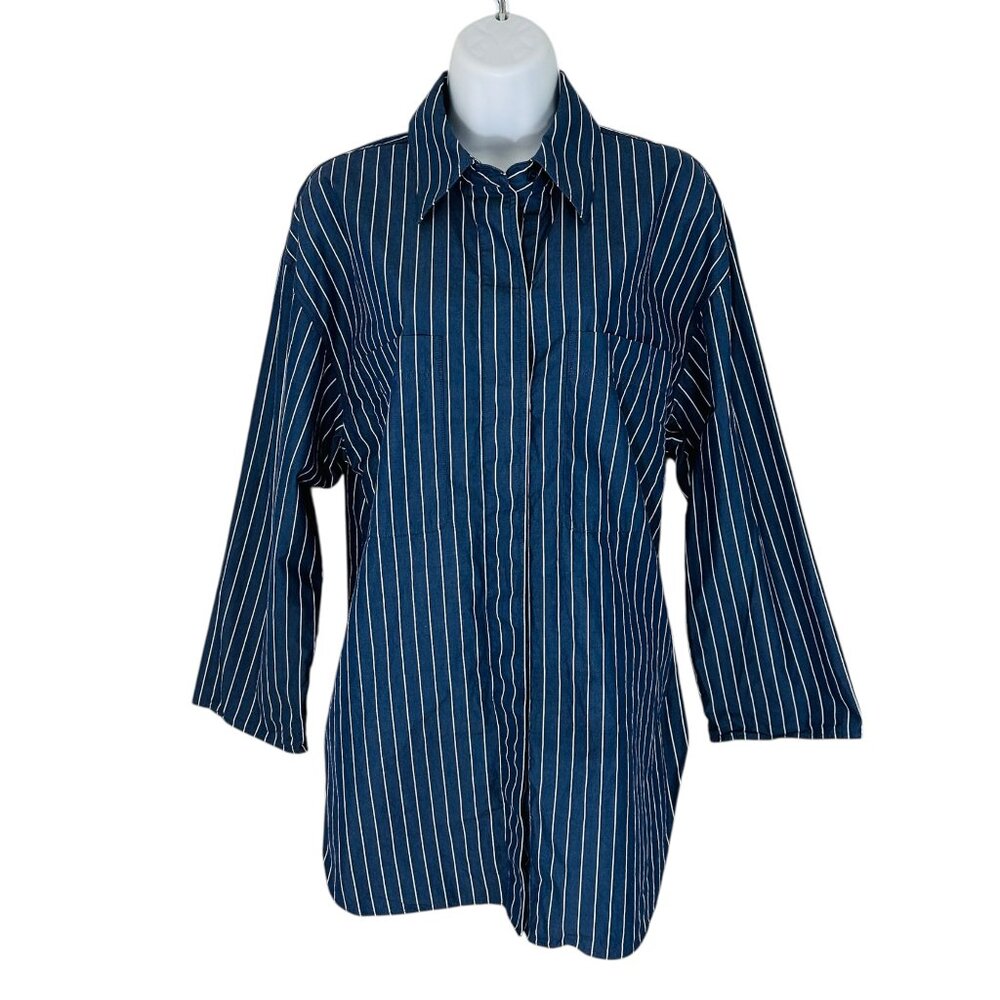 Lafayette 148 Women's Size M Striped Oversize Side Slit Blue White Tunic Shirt